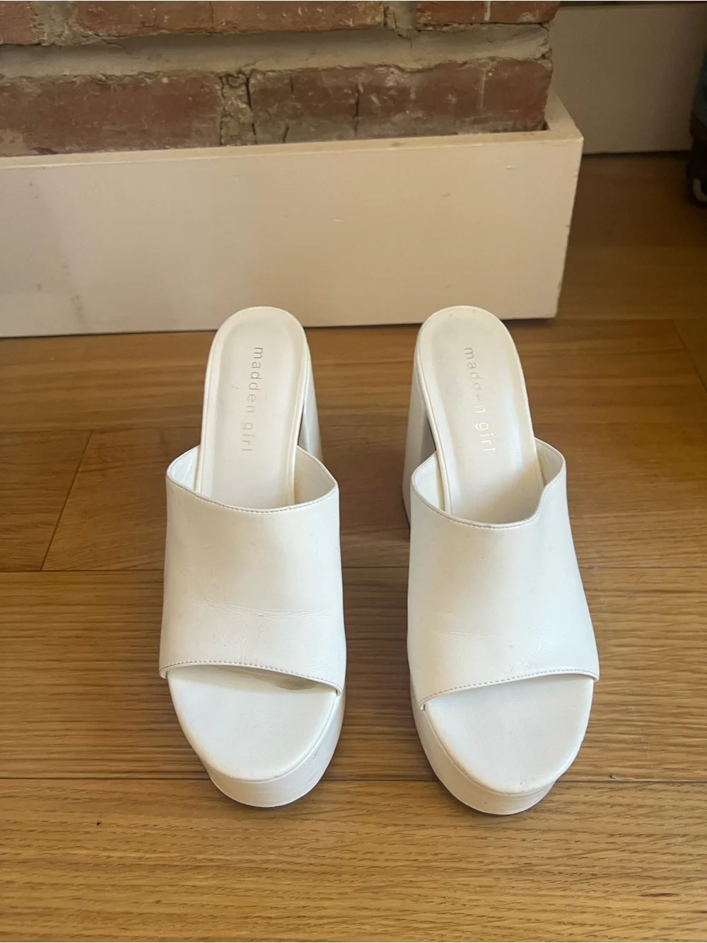 Madden Girl White Platform Mule Heels